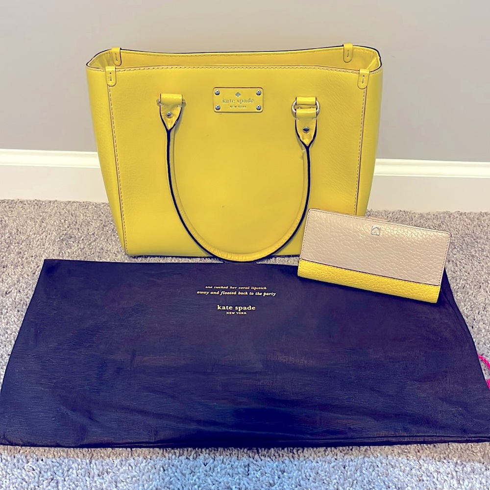 Kate Spade Yellow Leather Tote purse with matching wallet